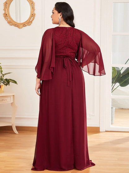Lace Accent Plus Size V-Neck Evening Dress with Belt