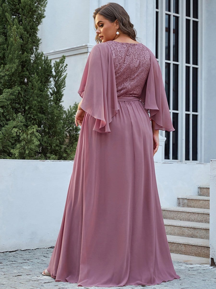 Lace Accent Plus Size V-Neck Evening Dress with Belt