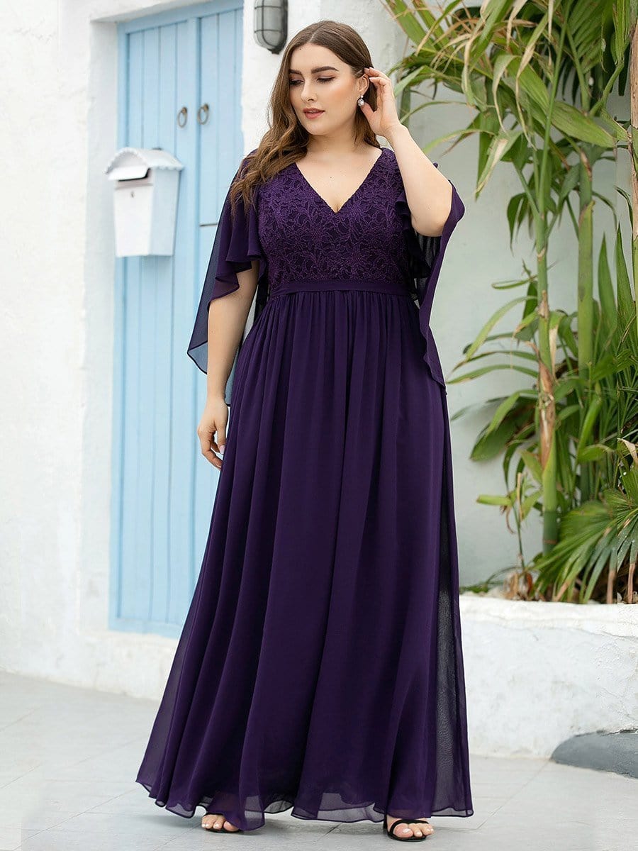 Lace Accent Plus Size V-Neck Evening Dress with Belt
