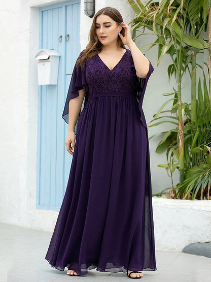 Lace Accent Plus Size V-Neck Evening Dress with Belt
