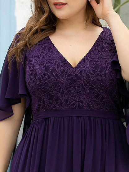 Lace Accent Plus Size V-Neck Evening Dress with Belt