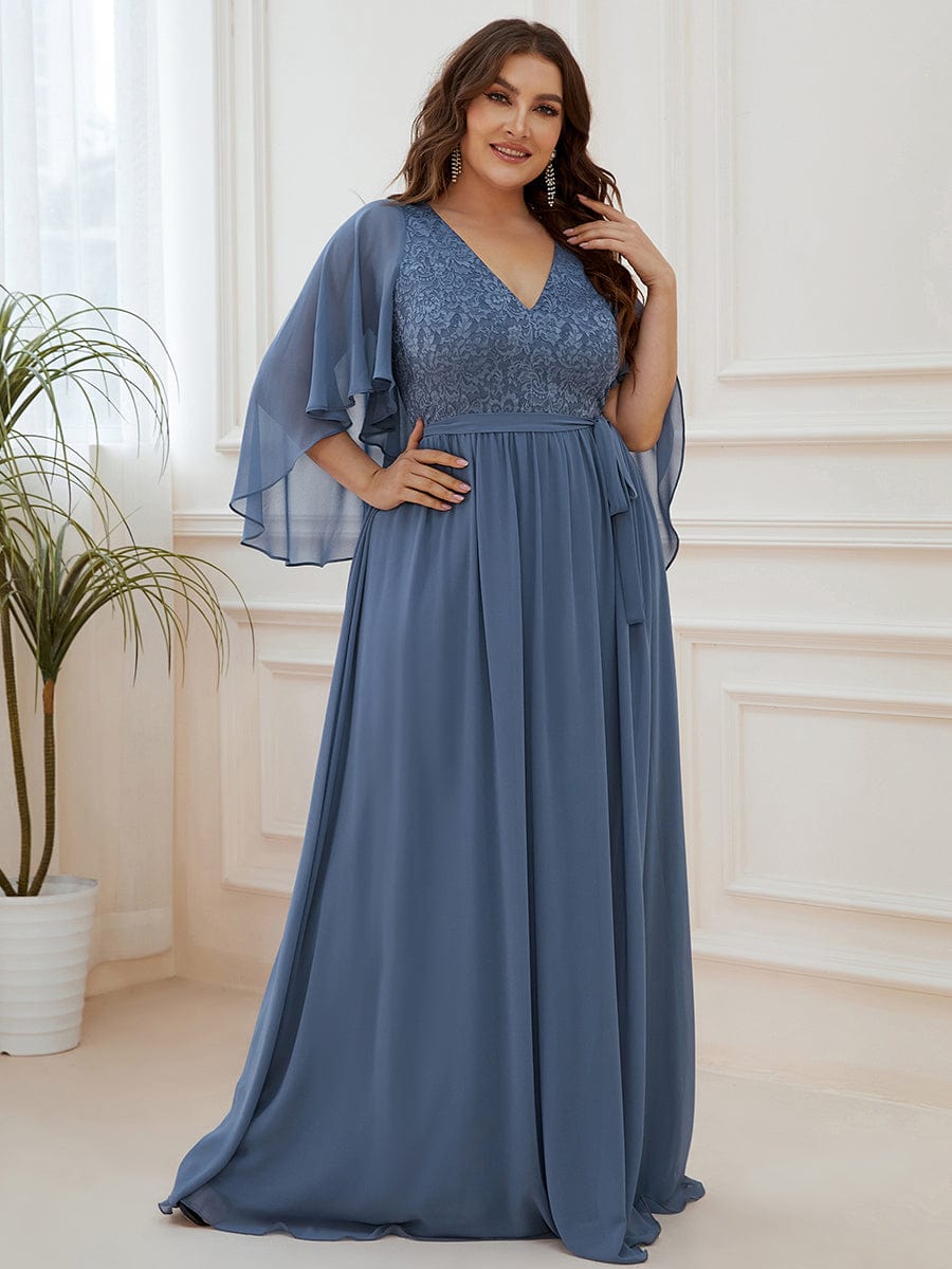 Lace Accent Plus Size V-Neck Evening Dress with Belt