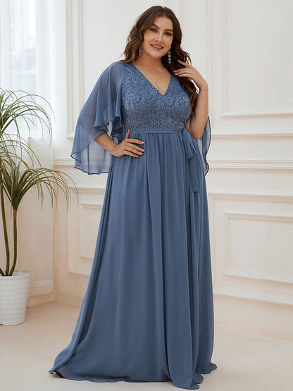 Lace Accent Plus Size V-Neck Evening Dress with Belt