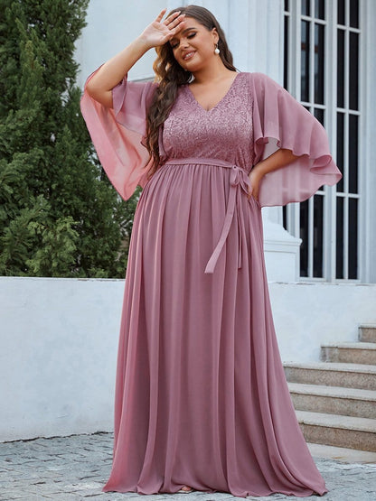Lace Accent Plus Size V-Neck Evening Dress with Belt