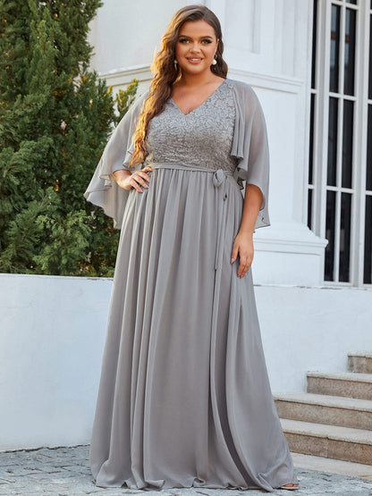 Lace Accent Plus Size V-Neck Evening Dress with Belt