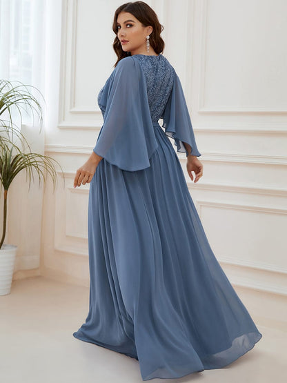 Lace Accent Plus Size V-Neck Evening Dress with Belt