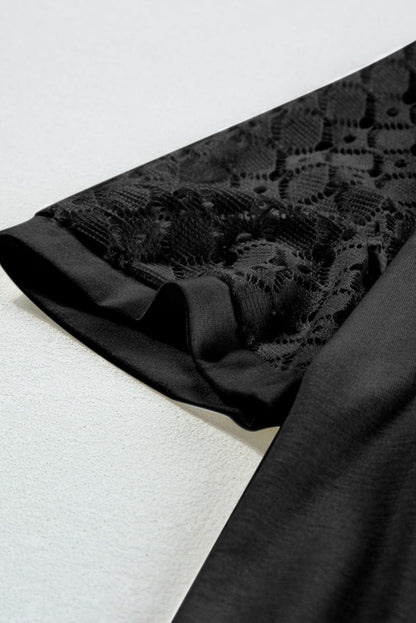 Lace Detailed Black Raglan Sleeve Tee for Women