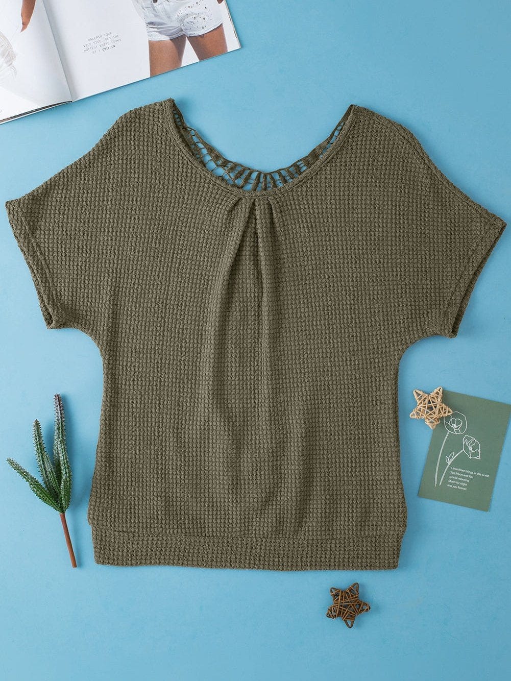 Lace Embellished Moss Green Textured Tee