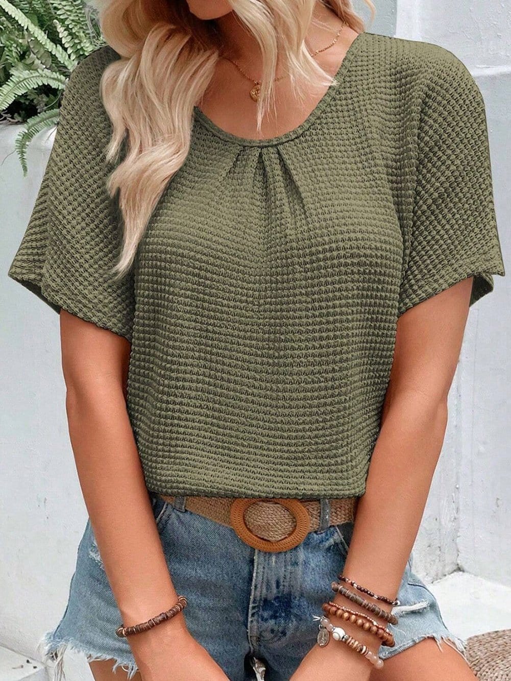 Lace Embellished Moss Green Textured Tee