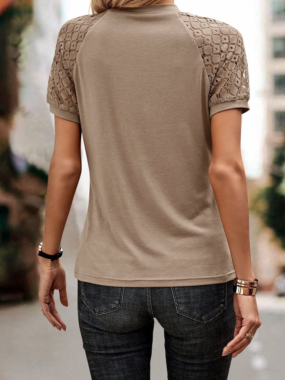Lace Embellished Pale Khaki Raglan Sleeve Tee