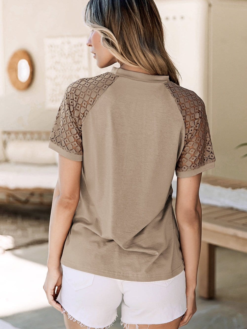 Lace Embellished Pale Khaki Raglan Sleeve Tee