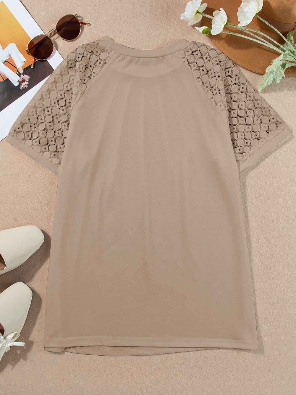 Lace Embellished Pale Khaki Raglan Sleeve Tee