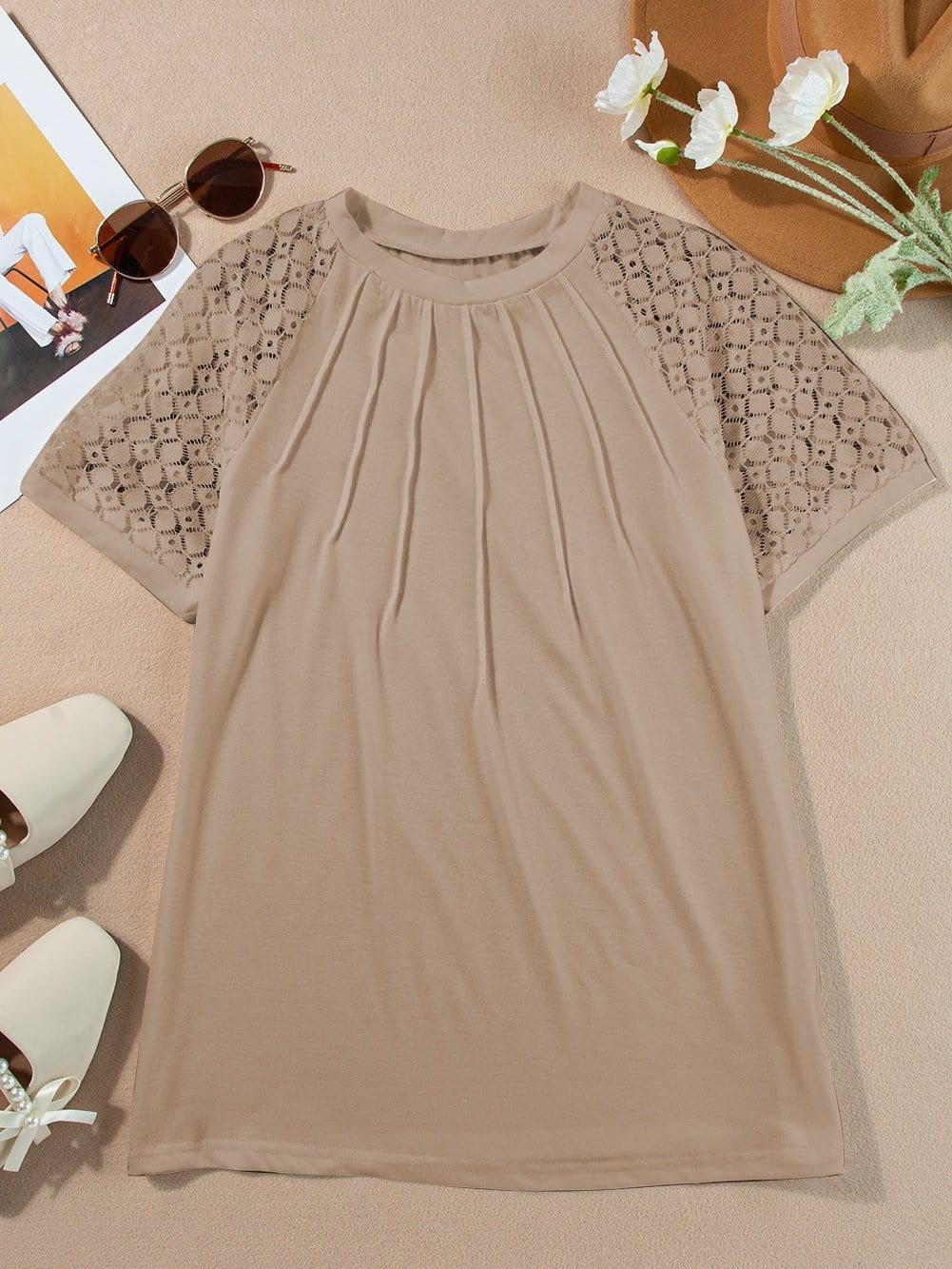 Lace Embellished Pale Khaki Raglan Sleeve Tee