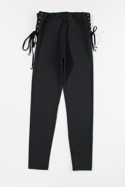 Lace-Up Black Ribbed Leggings with Side Detail