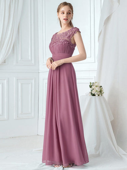 Lacey Neckline Open Back Evening Gown with Ruched Bust
