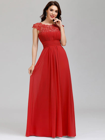 Lacey Neckline Open Back Evening Gown with Ruched Bust