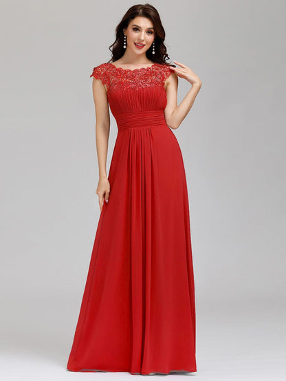 Lacey Neckline Open Back Evening Gown with Ruched Bust