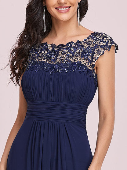 Lacey Neckline Open Back Evening Gown with Ruched Bust