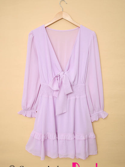 Lantern Sleeve Knotted Tiered Mini Dress with Deep V Neck