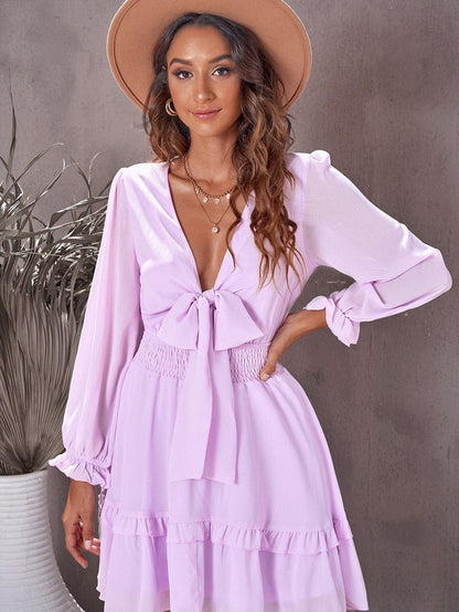 Lantern Sleeve Knotted Tiered Mini Dress with Deep V Neck