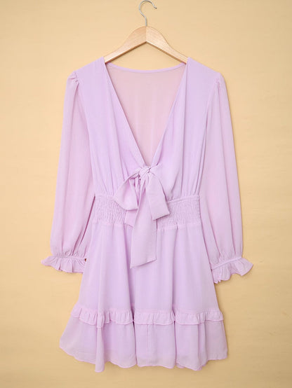 Lantern Sleeve Knotted Tiered Mini Dress with Deep V Neck