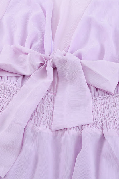 Lantern Sleeve Knotted Tiered Mini Dress with Deep V Neck