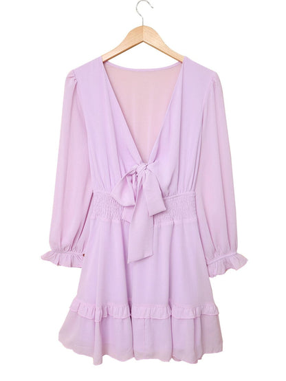 Lantern Sleeve Knotted Tiered Mini Dress with Deep V Neck