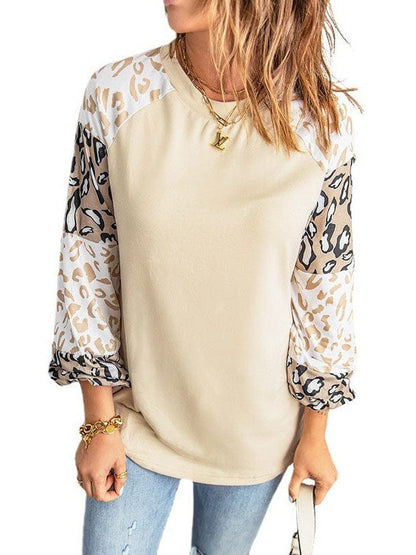 Lantern Sleeve Leopard Print Pullover Sweatshirt - Women's Round Neck Top
