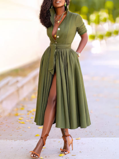 Lapel Button Belt Mid Sleeve Shirt Dress