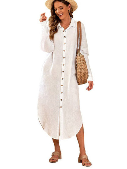 Lapel Long Sleeve Shirt Dress for Women in Solid Colors