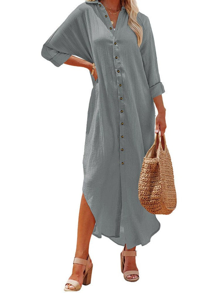 Lapel Long Sleeve Shirt Dress for Women in Solid Colors