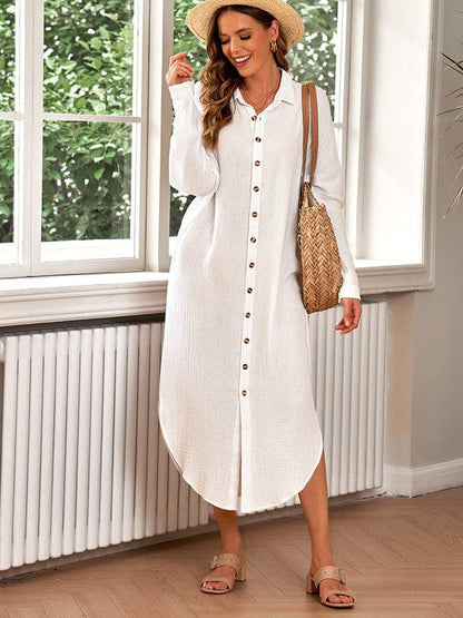 Lapel Long Sleeve Shirt Dress for Women in Solid Colors