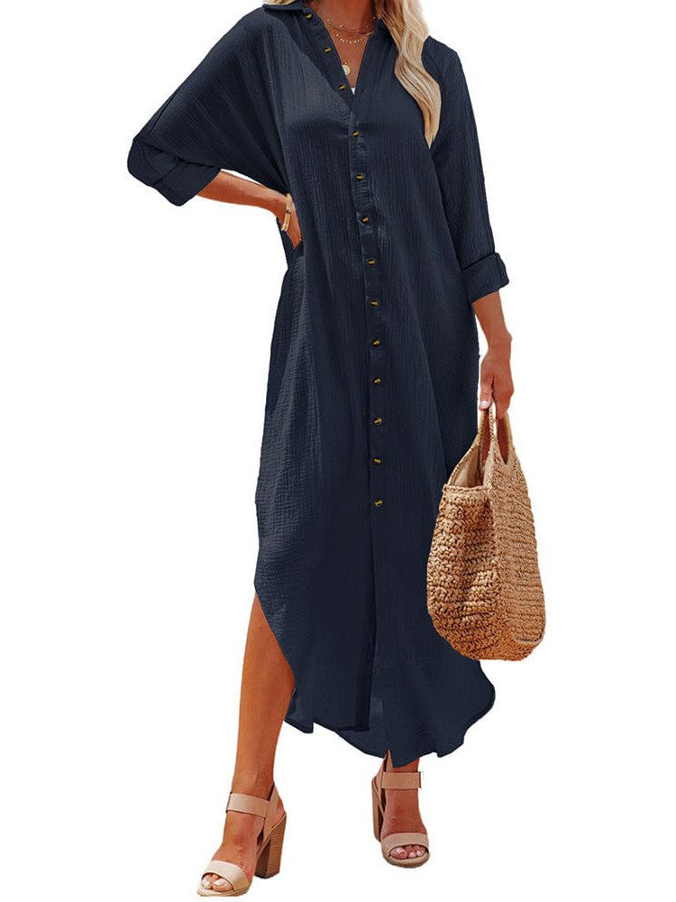 Lapel Long Sleeve Shirt Dress for Women in Solid Colors