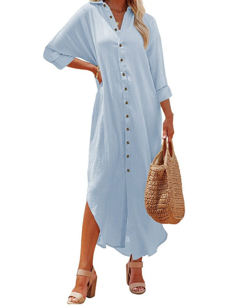 Lapel Long Sleeve Shirt Dress for Women in Solid Colors