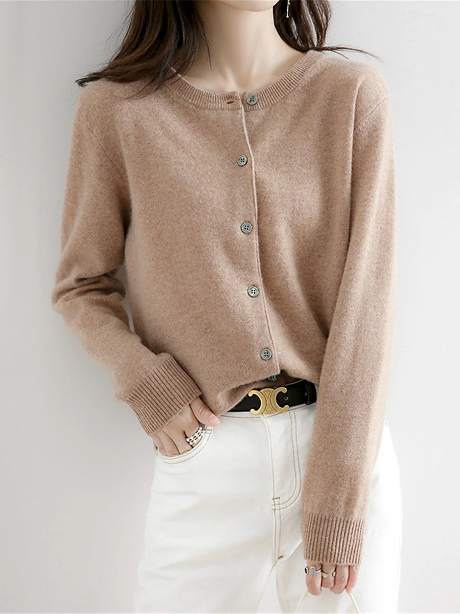 Women's Cardigan Sweater Jumper Ribbed Knit Button Solid Color Crew Neck Stylish Casual Outdoor Daily Autumn Winter Wine Red Big red S M L