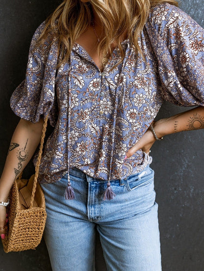 Lavender Blossom Fringe Tie V-Neck Bubble Sleeve Top