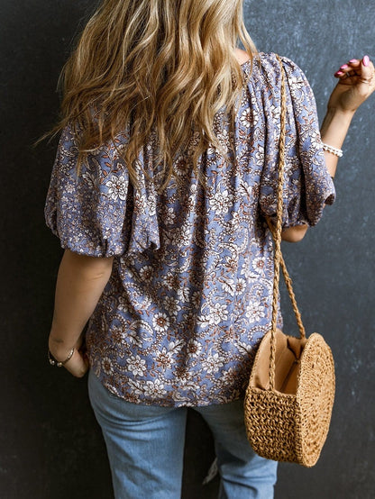 Lavender Blossom Fringe Tie V-Neck Bubble Sleeve Top