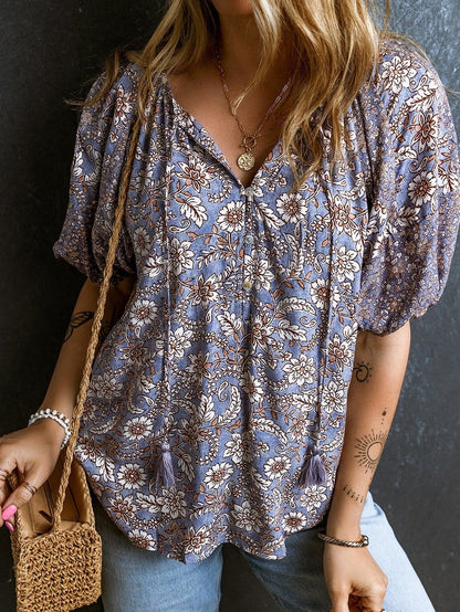 Lavender Blossom Fringe Tie V-Neck Bubble Sleeve Top