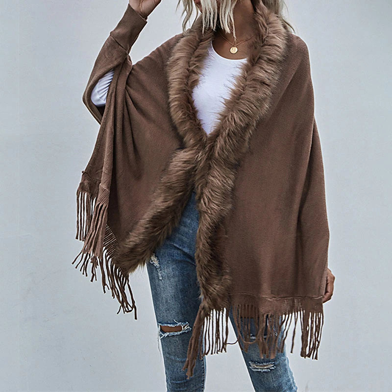 Women's Poncho Sweater Open Front Ribbed Knit Acrylic Tassel Knitted Fall Winter Tunic Outdoor Daily Going out Stylish Casual Soft Long Sleeve Pure Color Black Pink Wine S M L