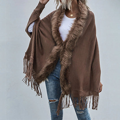 Women's Poncho Sweater Open Front Ribbed Knit Acrylic Tassel Knitted Fall Winter Tunic Outdoor Daily Going out Stylish Casual Soft Long Sleeve Pure Color Black Pink Wine S M L