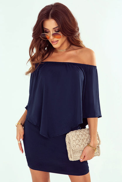 Layered Dark Blue Mini Poncho Dress with Versatile Styling Options