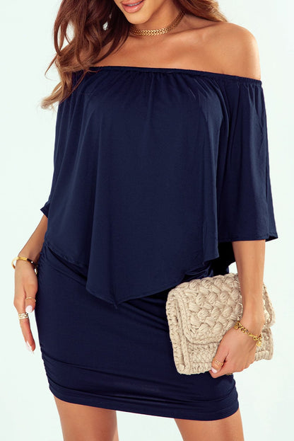 Layered Dark Blue Mini Poncho Dress with Versatile Styling Options