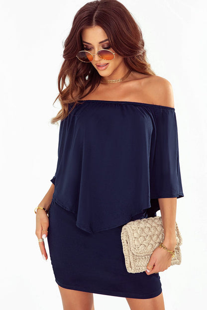 Layered Dark Blue Mini Poncho Dress with Versatile Styling Options