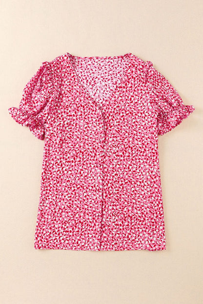 Layered Plaid Short Sleeve V-Neck Lotus Leaf Blouses