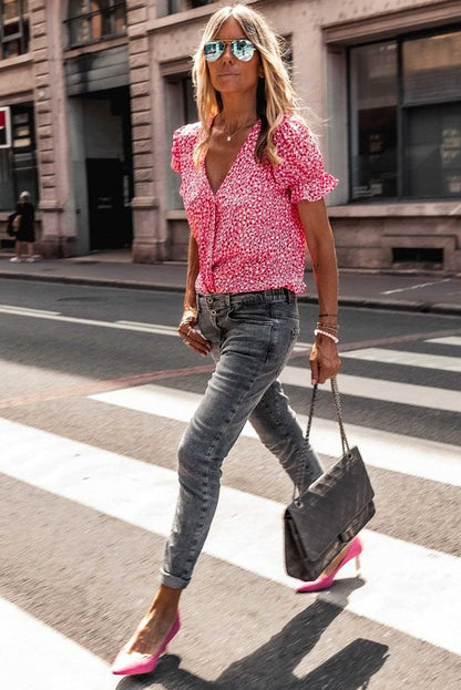 Layered Plaid Short Sleeve V-Neck Lotus Leaf Blouses