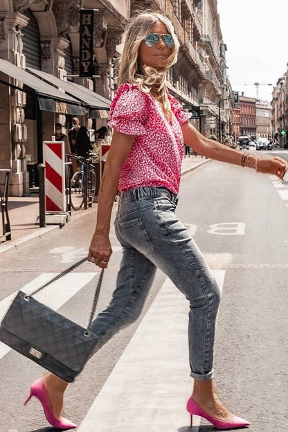 Layered Plaid Short Sleeve V-Neck Lotus Leaf Blouses