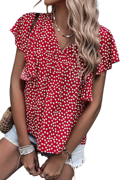 Layered Plaid Short Sleeve V-Neck Lotus Leaf Blouses