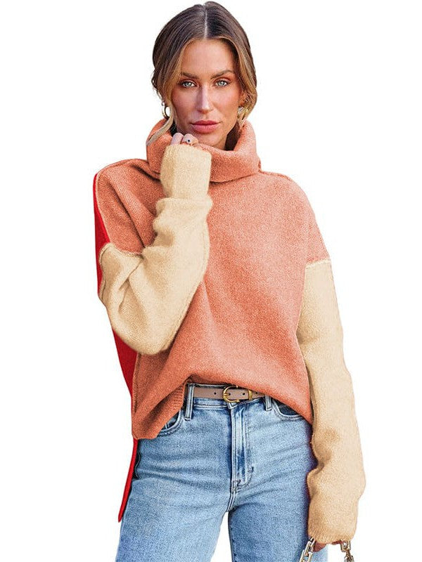 Lazy Turtle Collar Sweater in Contrast Colors for Women