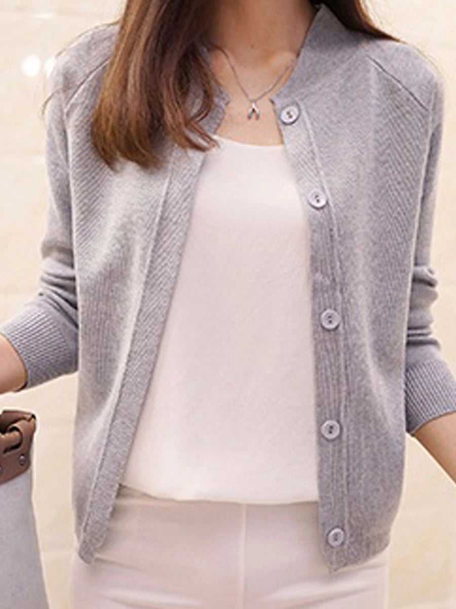 Women's Cardigan Sweater Crew Neck Ribbed Knit Acrylic Button Fall Winter Short Daily Going out Weekend Stylish Casual Soft Long Sleeve Solid Color Black Yellow Pink S M L