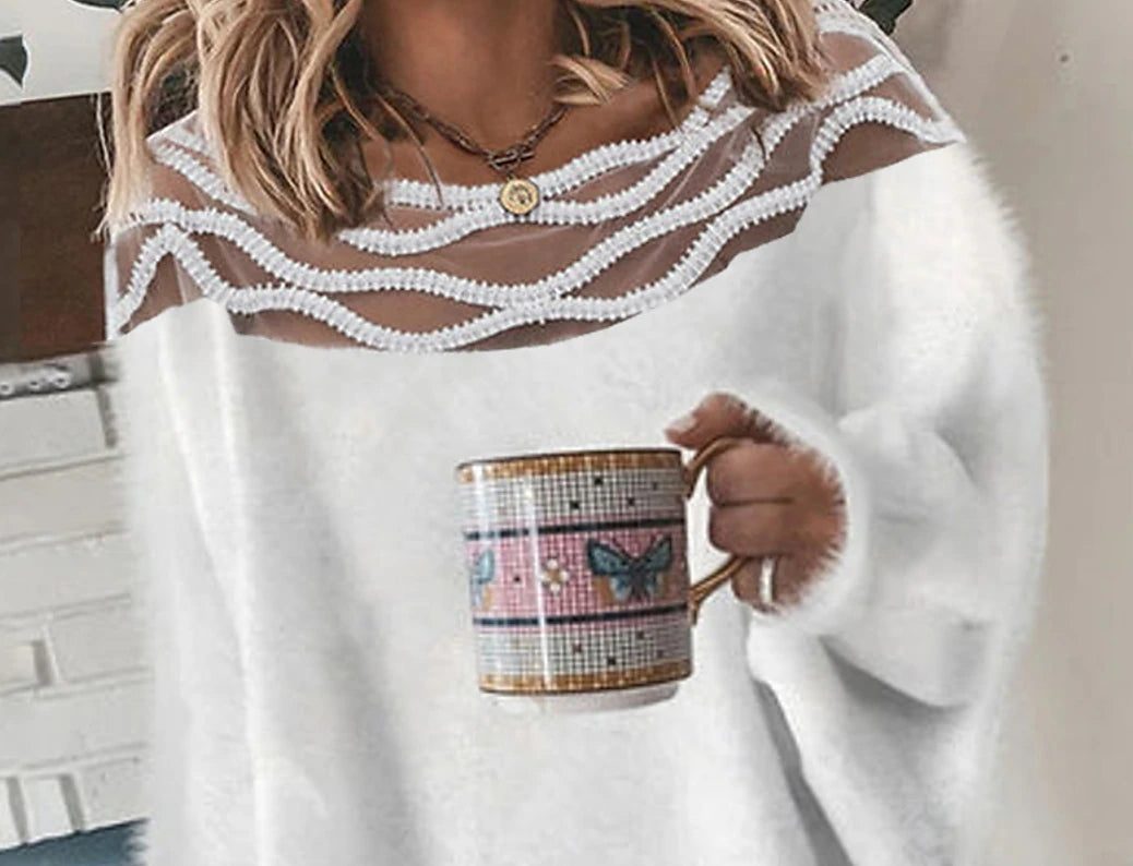 Women's Pullover Sweater Jumper Crew Neck Crochet Fuzzy Knit Imitation Mink Lace Trims Fall Winter Cropped Daily Going out Stylish Long Sleeve Solid Color White S M L